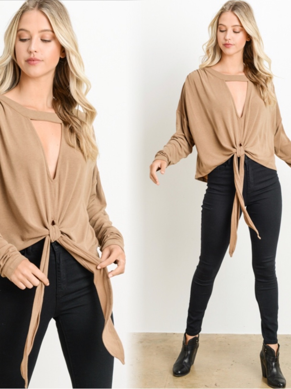 Women's Tie-Front Long Sleeve Top in Camel